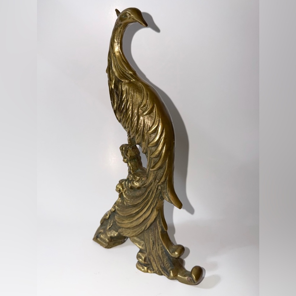 Vintage Hollywood Regency Gold Brass 12" peacock figurine statue, 1960's